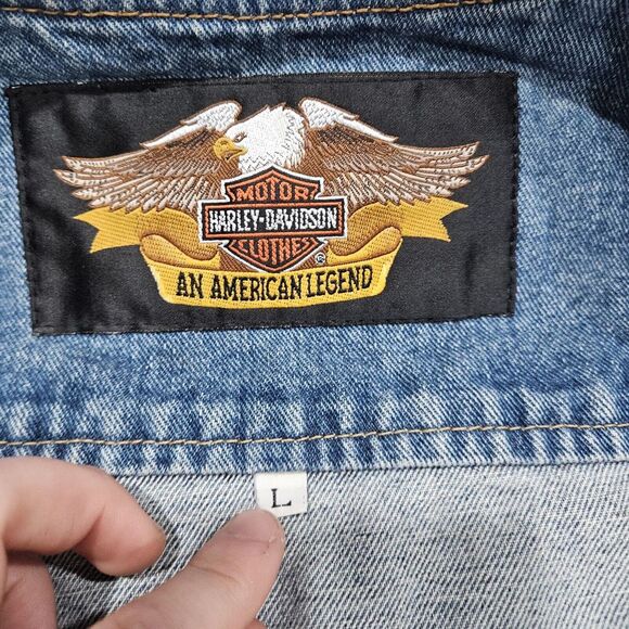 Vintage Harley Davidson cotton Jean Vest Logo Buttons Embroidered Logo Back Sz L - Picture 3 of 7